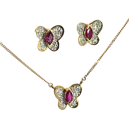 Modern 18KY and white gold Bucherer ruby and diamond butterfly necklace and earring set