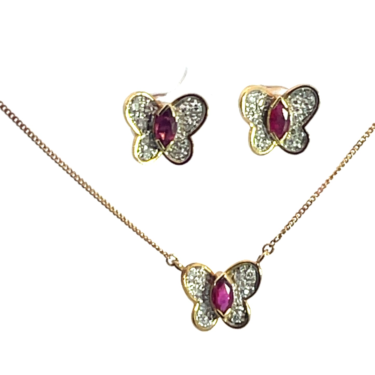 Modern 18KY and white gold Bucherer ruby and diamond butterfly necklace and earring set