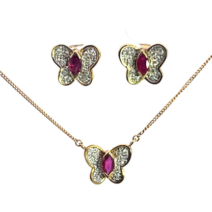 Modern 18KY and white gold Bucherer ruby and diamond butterfly necklace and earring set