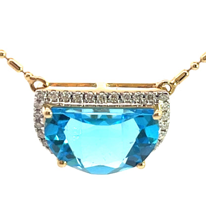 Modern 18KY gold, diamond and blue topaz pendant with chain