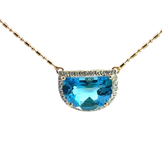 Modern 18KY gold, diamond and blue topaz pendant with chain