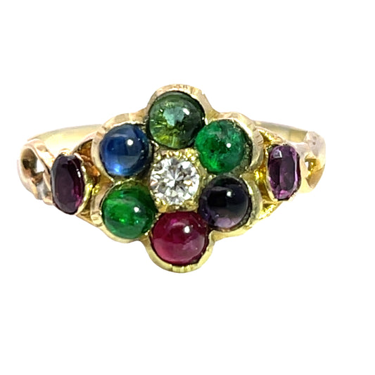 Early Victorian 15KY gold, diamond, emerald, amethyst, ruby, emerald, sapphire and tourmaline 'acrostic' ring