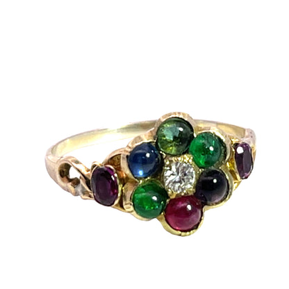 Early Victorian 15KY gold, diamond, emerald, amethyst, ruby, emerald, sapphire and tourmaline 'acrostic' ring