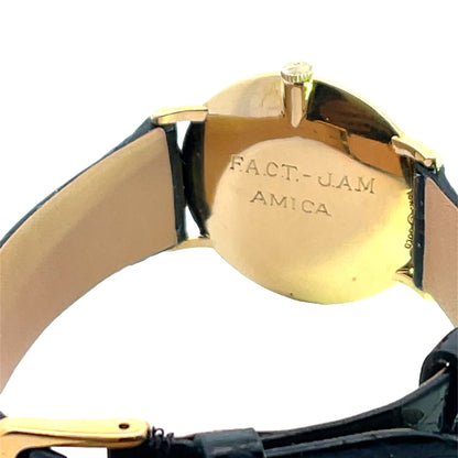Modern 18KY gold Cartier designed, Movado movement, crocodile strap wristwatch