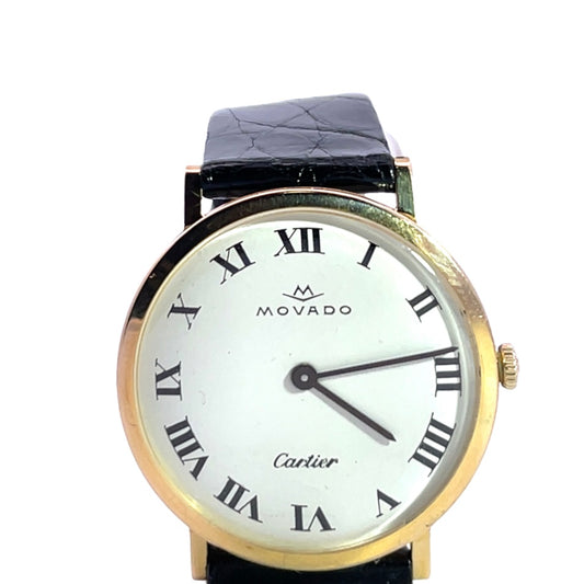 Modern 18KY gold Cartier designed, Movado movement, crocodile strap wristwatch