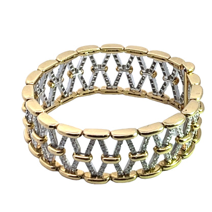 Modern 18KY and white gold with diamond open weave cuff bracelet