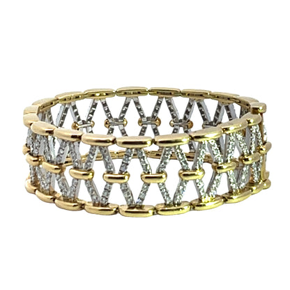 Modern 18KY and white gold with diamond open weave cuff bracelet