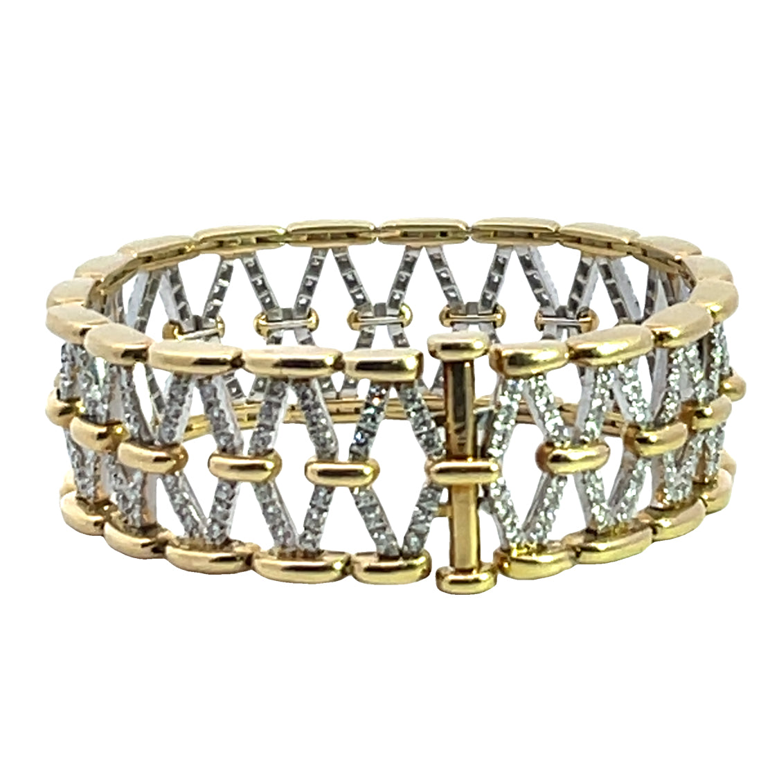 Modern 18KY and white gold with diamond open weave cuff bracelet