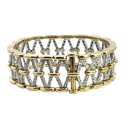 Modern 18KY and white gold with diamond open weave cuff bracelet