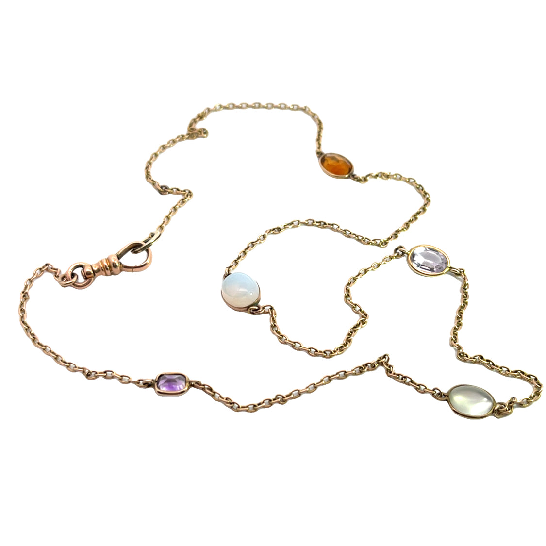 Victorian 14KY gold watch fob with citrine, moonstone, opal and amethyst chain necklaces