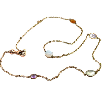 Victorian 14KY gold watch fob with citrine, moonstone, opal and amethyst chain necklaces