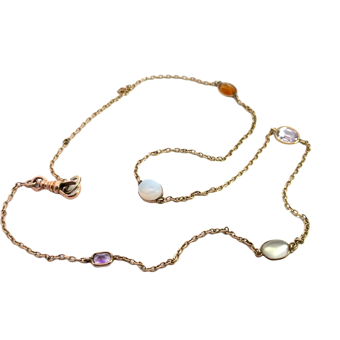 Victorian 14KY gold watch fob with citrine, moonstone, opal and amethyst chain necklaces