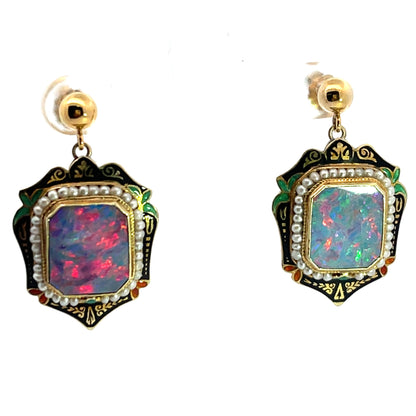 Art Deco 14KY gold, enamel, opal and seed pearl post earrings