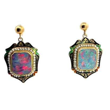 Art Deco 14KY gold, enamel, opal and seed pearl post earrings