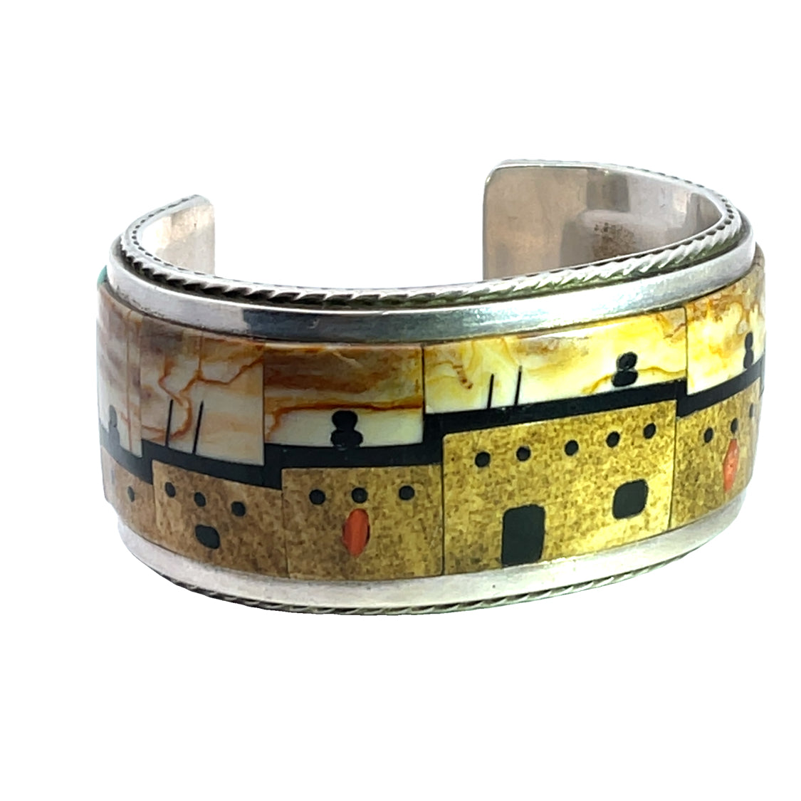 Native American Sterling silver jasper, turquoise, onyx, coral and mother of pearl inlaid cuff bracelet