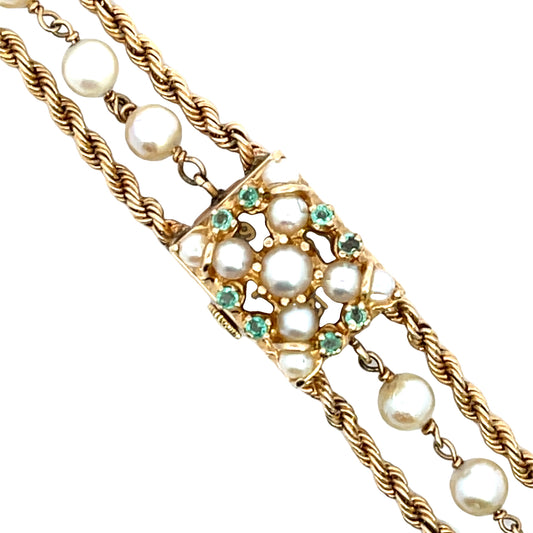 Victoriain 14KY gold cultured pearl and emerald Geneva wrist watch