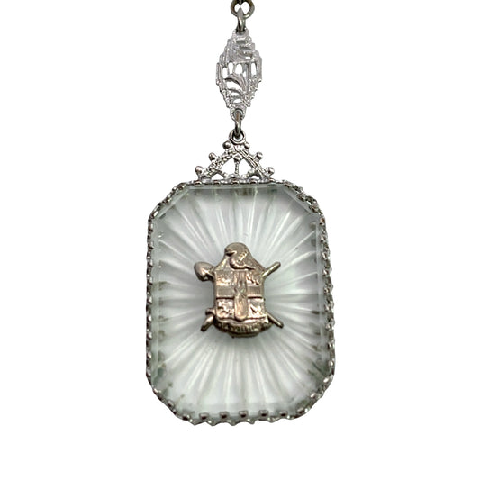 Art Deco Sterling Silver camphor glass with family crest pendant