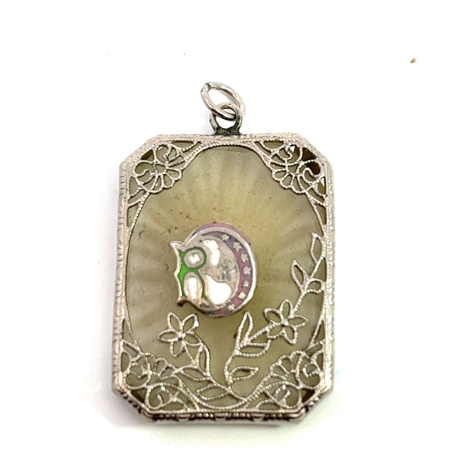 Art Deco Sterling silver, enamel, camphor glass pendant