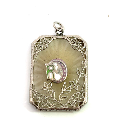 Art Deco Sterling silver, enamel, camphor glass pendant