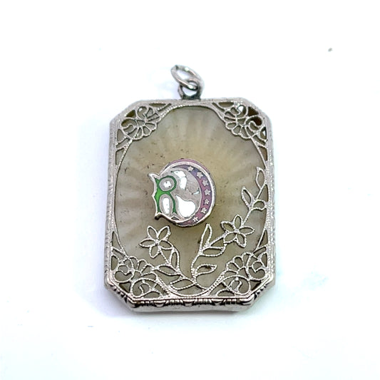 Art Deco Sterling silver, enamel, camphor glass pendant