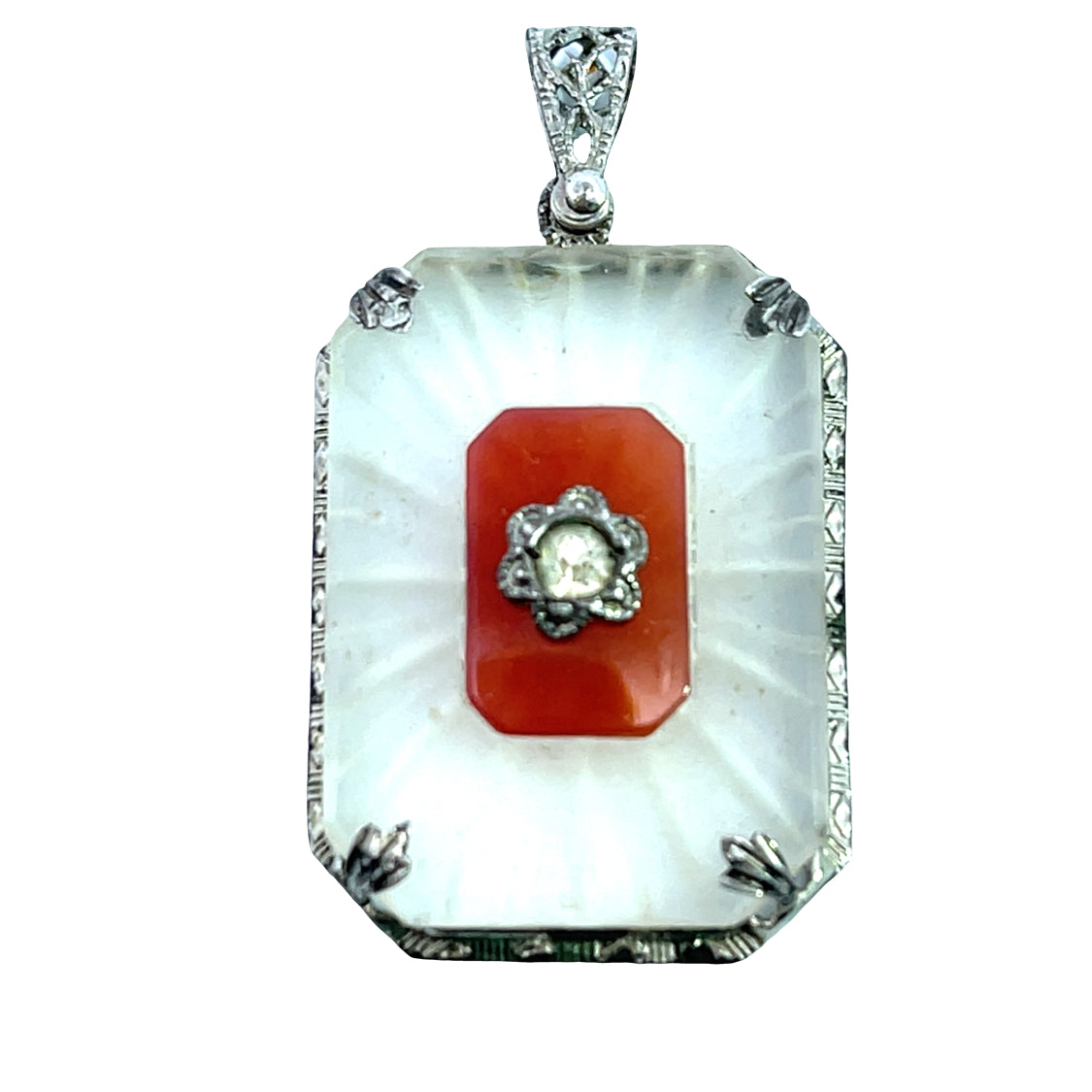 Art Deco Sterling Silver, carnelian camphor glass pendant