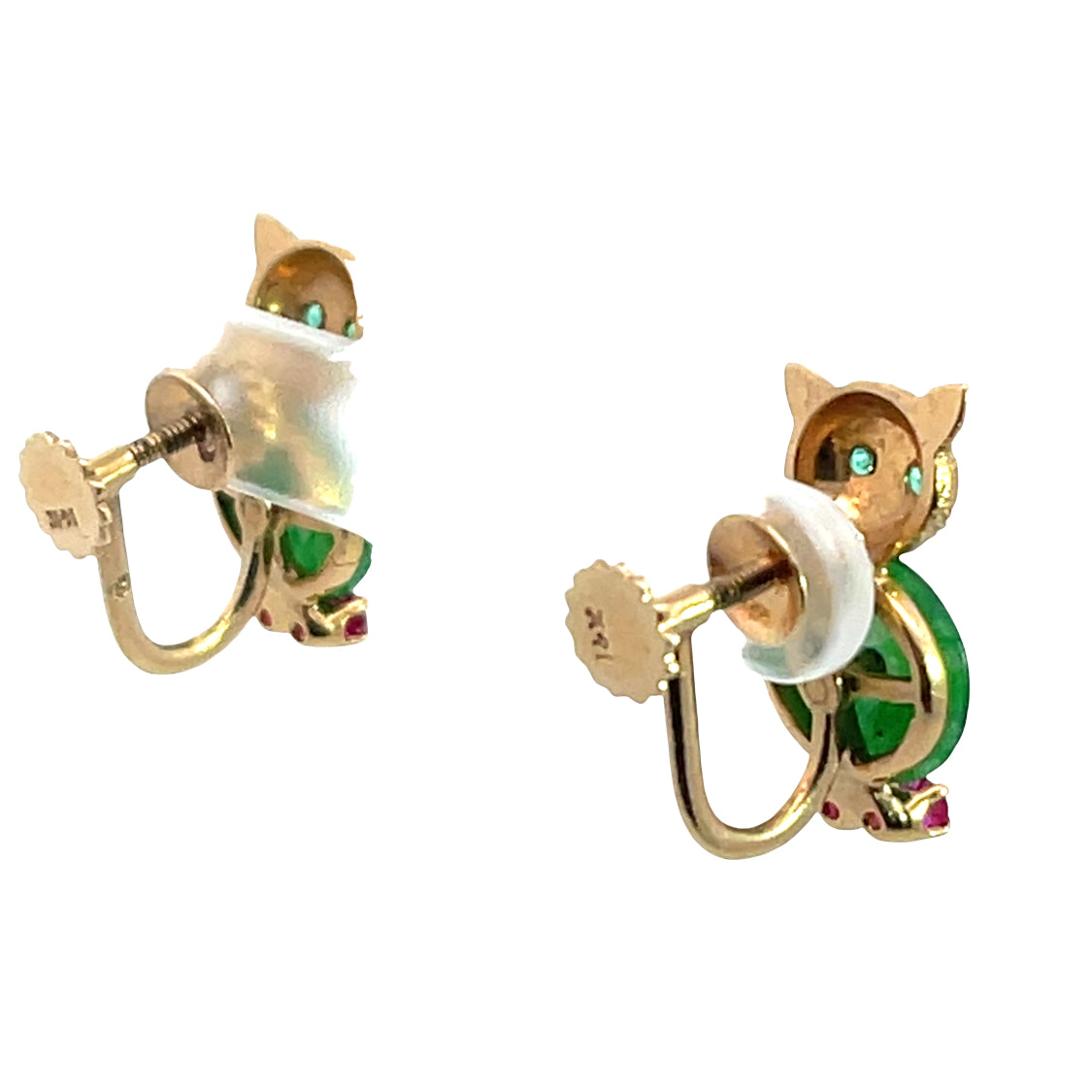 Modern 14KY gold jadeite, ruby, emerald and diamond screwback earrings