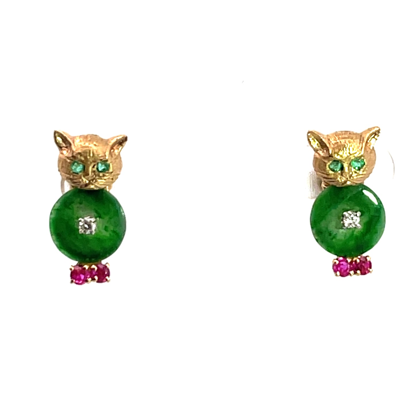 Modern 14KY gold jadeite, ruby, emerald and diamond screwback earrings