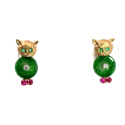 Modern 14KY gold jadeite, ruby, emerald and diamond screwback earrings