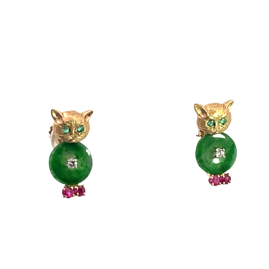 Modern 14KY gold jadeite, ruby, emerald and diamond screwback earrings