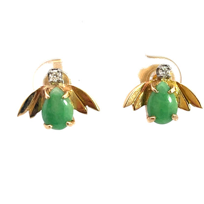 Modern 14KY and white gold, diamond and jade bee earrings