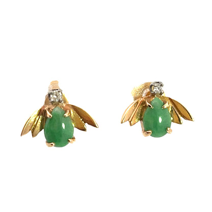 Modern 14KY and white gold, diamond and jade bee earrings