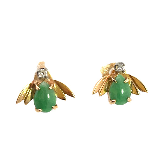 Modern 14KY and white gold, diamond and jade bee earrings