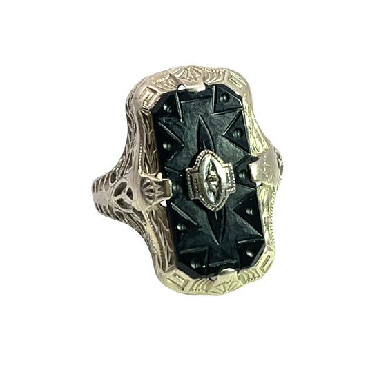 Art Deco 14K white, onyx and diamond ring