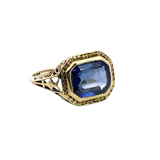 Art Deco 14KY gold and synthetic sapphire ring