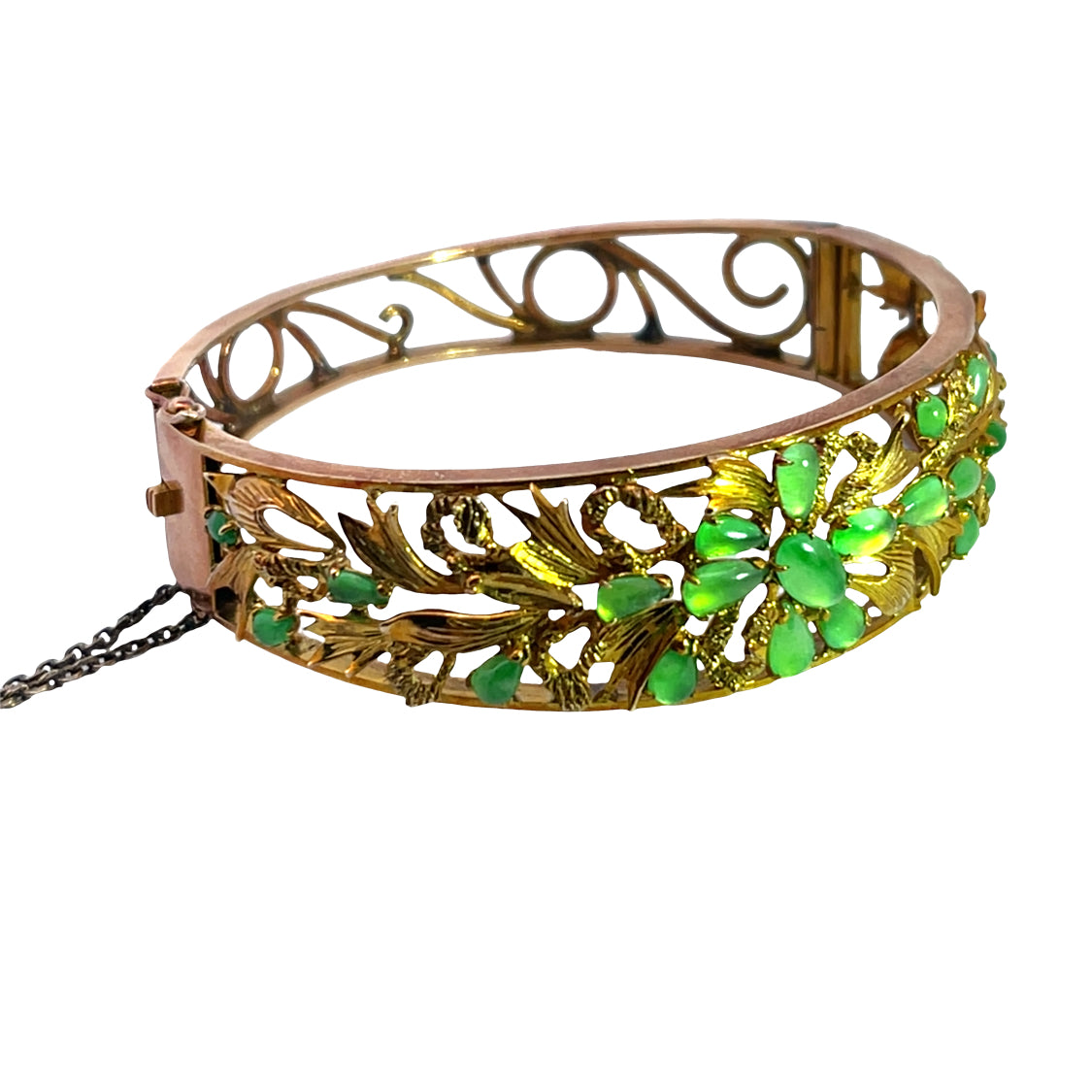 Victorian 14KY gold and jade cabochon filigree clasp bracelet