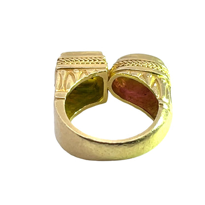 Modern 18KY gold, pink and green tourmaline moi et toi style ring