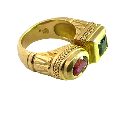 Modern 18KY gold, pink and green tourmaline moi et toi style ring