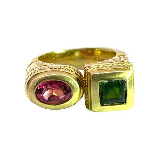 Modern 18KY gold, pink and green tourmaline moi et toi style ring