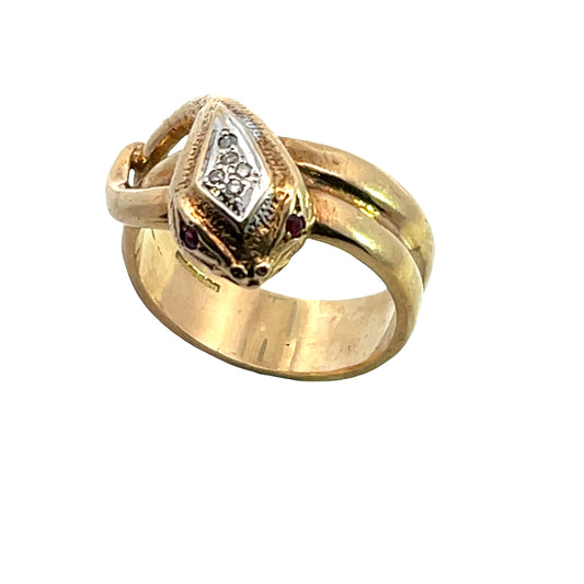 Victorian 9K Yellow and white gold diamond and ruby snake ring
