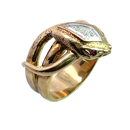 Victorian 9K Yellow and white gold diamond and ruby snake ring