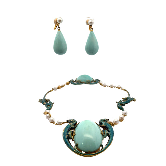 SET Art Noveau 18KY gold, turquoise, pearl and enamel necklace