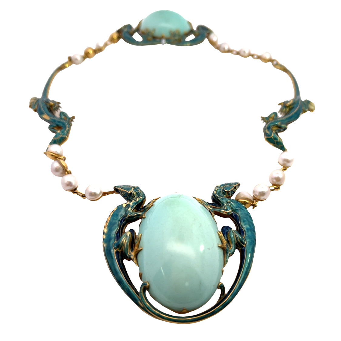 SET Art Noveau 18KY gold, turquoise, pearl and enamel necklace