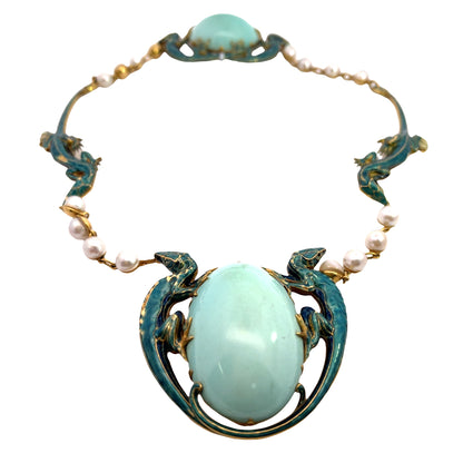 SET Art Noveau 18KY gold, turquoise, pearl and enamel necklace