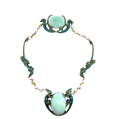 SET Art Noveau 18KY gold, turquoise, pearl and enamel necklace