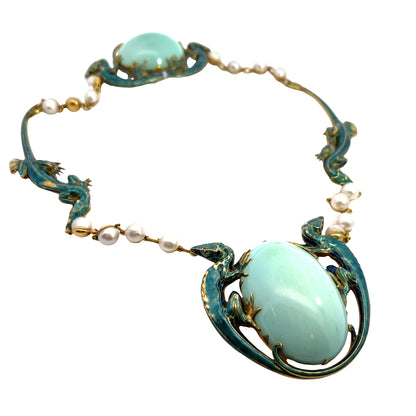 SET Art Noveau 18KY gold, turquoise, pearl and enamel necklace