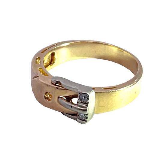 Modern 14KY and white gold with diamond buckle ring