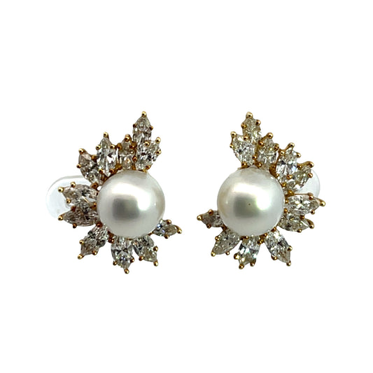 Modern 18KY gold, diamond, and South Seas pearl earrings
