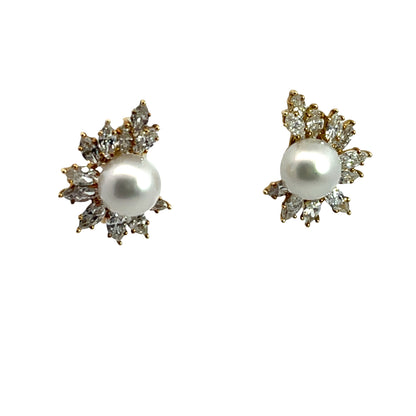 Modern 18KY gold, diamond, and South Seas pearl earrings