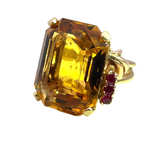 Modern 14KY gold, citrine and ruby ring