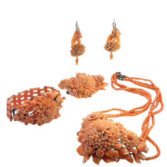 Early Victorian, Sterling Silver, Italian Coral suite of necklace, bracelet, pin and earrings